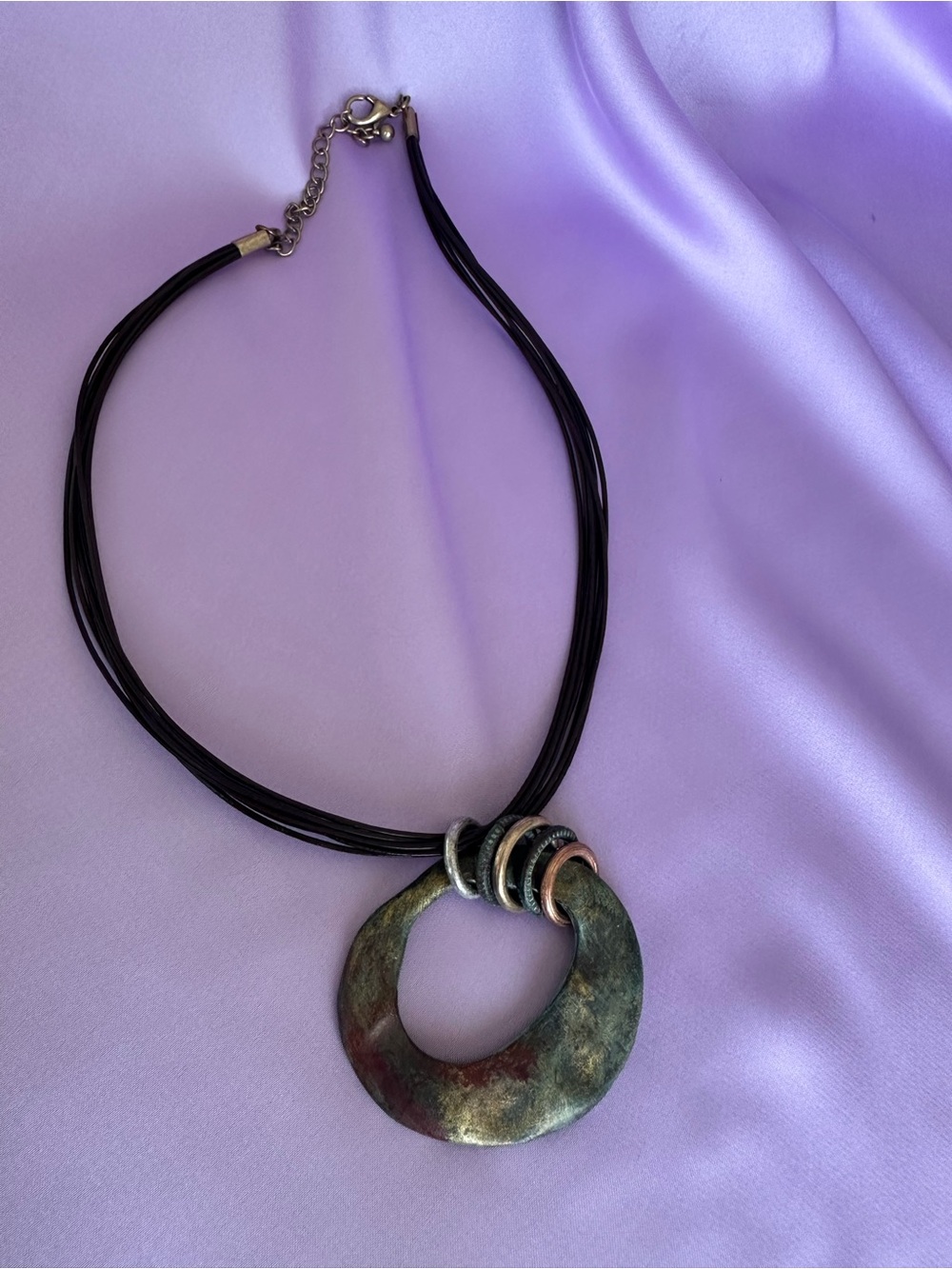 Modernist Mixed Metal Organic Circle Cord Pendant Necklace Statement Boho